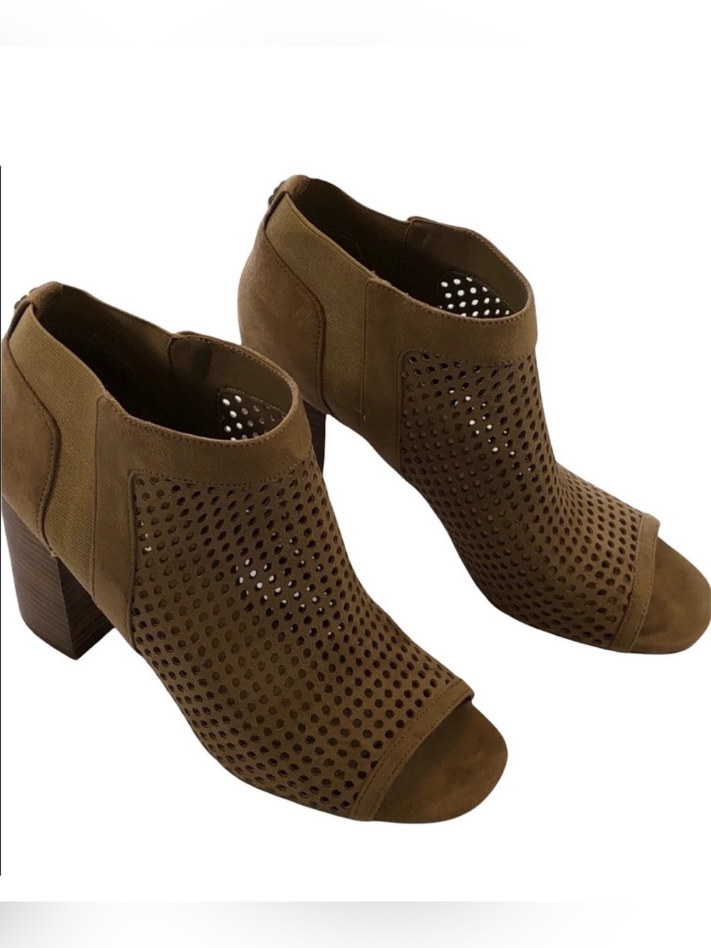 GUESS Tan Laser Cut Open Toe 4" Chunky Heels Boots Booties Shoes